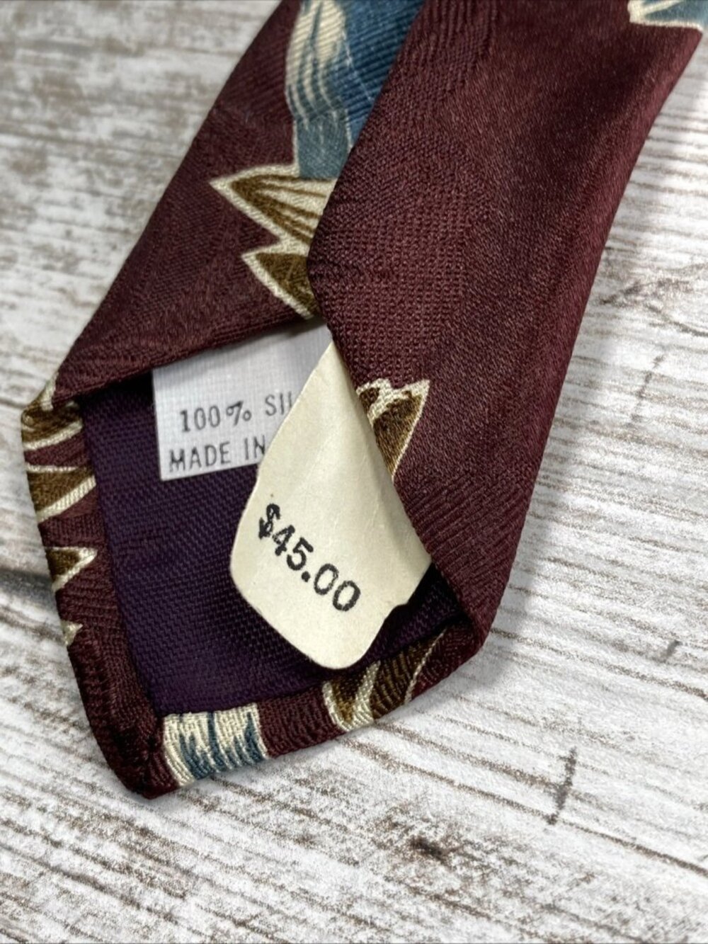 Vintage Norseman Silk Tie Tropical Leaf Burgundy Teal Abstract 58x3.75 USA - Picture 5 of 5